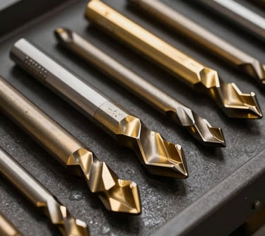 Industrial photography of high-grade carbide cutting tools arranged neatly on a dark surface. Dramatic lighting highlights the sharp edges and metallic gold finish.