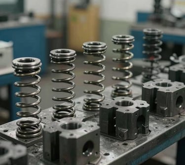 Stamping standard parts including high-tension springs and die sets. The composition is focused and technical, with a professional industrial aesthetic.