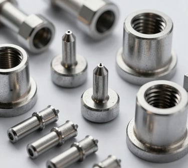 Detailed shot of mold standard parts including ejector pins and bushings. The steel components have a polished silver finish, photographed in a professional studio setting.