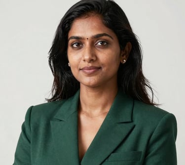 Professional headshot of an Indian female founder in her 30s, looking confident and inspiring, wearing a deep forest green blazer, pearl white background.