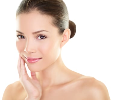 Portrait of a woman with clear skin and a natural glow for beauty and skincare advertising.