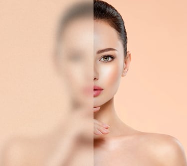 Portrait of a woman with clear glowing skin behind a frosted glass filter for a skincare concept.
