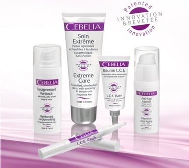 Cebelia dermatological skincare collection including anti-aging serum, depigmenting cream, and soothing balm.