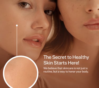 Close-up of two women with glowing, healthy skin promoting natural facial skincare products and routines.