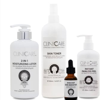 Clinicare professional skincare moisturising lotion, skin toner, skin booster, and painless peel.