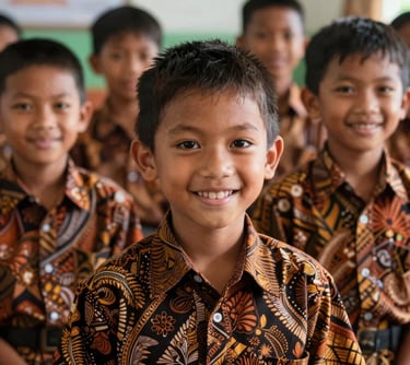 A close-up shot of a group of Indonesian Javanese school children wearing their neat, colorful batik uniforms, smiling in a bright classroom setting.