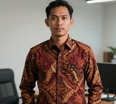 A professional male model of Indonesian Javanese descent wearing a tailored batik shirt with deep crimson patterns, posed in an office environment.