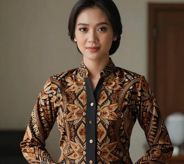 A professional female model of Indonesian Javanese descent wearing an elegant batik blouse with modern cuts, suitable for institutional work wear.