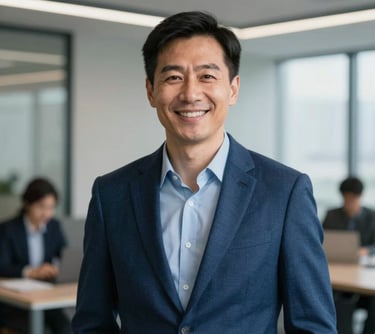 Portrait of a professional specialist in a modern International / Global office, wearing a smart casual blazer in deep blue, smiling warmly with a blurred professional background.