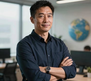 Portrait of a professional coach in an International / Global office environment, looking confident and approachable, with soft natural light.