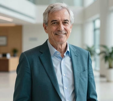 Portrait of a senior consultant in an International / Global corporate setting, dressed in professional attire with teal accents, standing in a bright and airy hall.