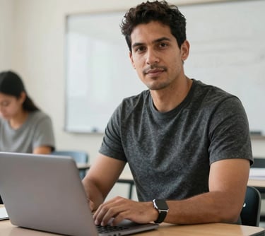 Professional portrait of a male South American instructor in a clean, well-lit classroom setting with a laptop, looking encouragingly towards the camera.