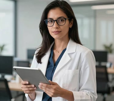 Professional portrait of a female South American specialist with glasses, holding a tablet and looking professional in a clean, contemporary office environment.