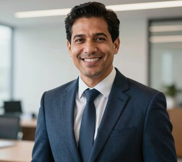 Professional portrait of a male South American consultant in business attire, smiling warmly in a bright, modern Colombian office setting with soft focus background.