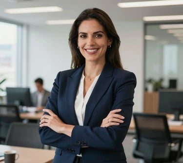 Professional portrait of a female South American executive in a tailored navy blazer, smiling confidently in a modern bright office in Bogotá, Colombia.
