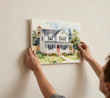 A set of hands in a North American / US home carefully hanging a watercolor canvas of a house on a clean, cream-colored wall.