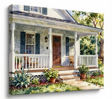 A close-up of a high-quality canvas print showing the delicate watercolor textures of a home's front porch and garden.