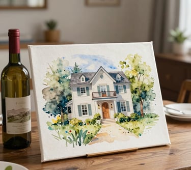 A festive housewarming scene in a North American / US home with a custom watercolor canvas placed on a table next to a bottle of wine and a small plant.