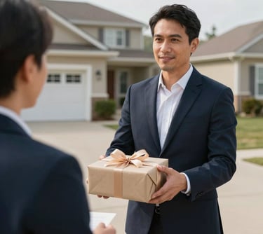 A professional real estate agent in a North American / US suburban driveway, holding a beautifully wrapped square gift with a ribbon, looking ready to present it to a client.