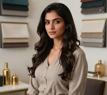 A portrait of a female South Asian stylist in a modern studio environment surrounded by luxury fabric swatches and gold home accents.
