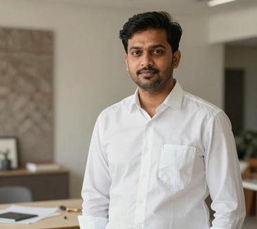 A portrait of a male South Asian project manager in a clean white shirt, standing at an active but tidy interior design site in Ranchi, looking professional.