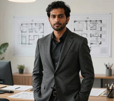 A portrait of a male South Asian interior designer in a sharp dark grey blazer, standing in a bright, modern design studio with architecture plans in the background.