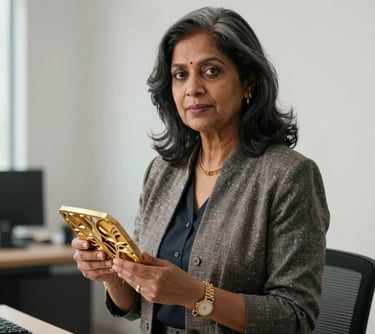 A portrait of a female South Asian senior designer in elegant professional attire, holding a gold-finished decor piece, inside a minimalist office with white walls.