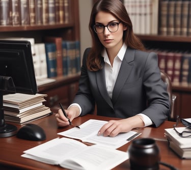 A focused lawyer reviewing case files in a sleek, modern office.