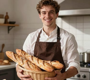 Portrait of a young artisan baker in a Dark Chocolate apron, smiling warmly while holding a basket of fresh baguettes in a sunlit kitchen. European / French.