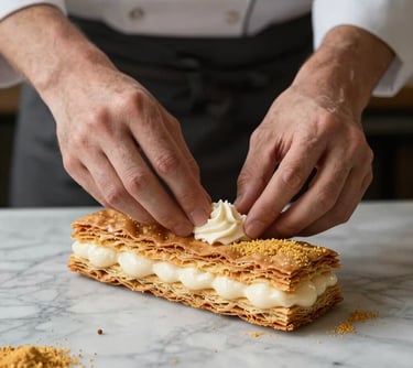 Candid shot of a pastry chef's hands delicately assembling a traditional mille-feuille on a marble table. Golden Sand accents. European / French.