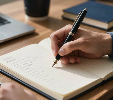 A detailed shot of a person's hand using a fountain pen to take notes on a legal pad. The setting is a quiet, sunlit office with intellectual decor in deep navy and warm off-white.