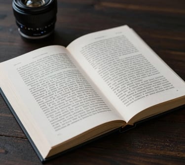 A professional, minimalist photograph of an open legal manuscript on a dark wooden surface. The focus is sharp on the printed text, with forest green and deep navy tones in the blurred background.