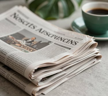A close-up of a stack of folded broadsheet newspapers on a table, with a cup of black coffee. The palette is muted with forest green accents from a nearby plant.