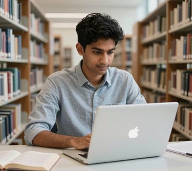 A professional photography shot of a South Asian student in a clean, minimalist library setting, focused on a modern silver laptop, representing the English Mastery program.
