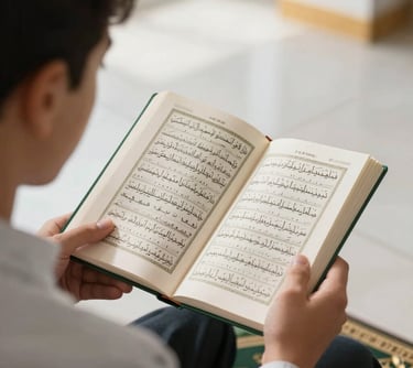 A close-up of a student respectfully reading a digital text, in a brightly lit, modern environment with soft white and gold lighting, symbolizing the Quran & Tajweed program.