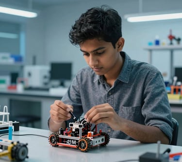 A South Asian student working on a robotics project in a high-tech lab with clean glass surfaces and blue lighting, representing STEM and innovation.