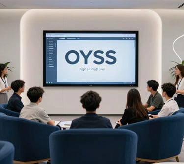 A professional group of students collaborating around a large screen in a futuristic lounge with deep blue furniture and white walls, representing the OYSS digital platform.