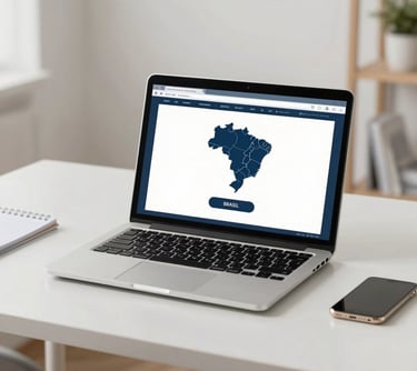 A minimalist workspace featuring a high-end laptop with a secure interface open, symbolizing efficient online legal services across Brazil, clean and airy aesthetic.