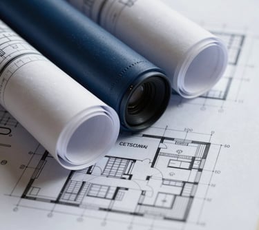 Macro shot of architectural blueprints and trademark documents, representing the fusion of innovation and legal protection, with a clean navy blue and grey palette.