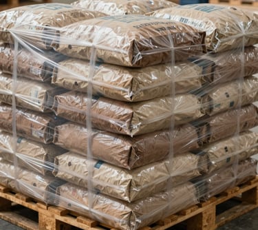A pallet of 25kg cocoa powder bags stacked neatly and shrink-wrapped, ready for international shipping. The scene reflects high-volume global supply and logistical efficiency. Neutral beige and tan tones.