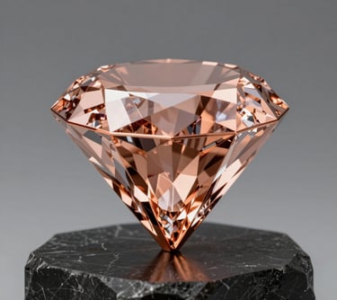 A sculptural 3D render of a rose-gold diamond structure on a dark obsidian pedestal, symbolizing the standard of resilience and strength. North American / US professional aesthetics.