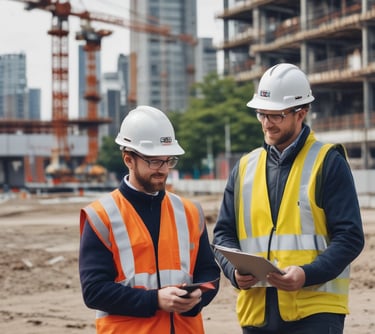 Modern school building project in Peru under construction with cranes and workers