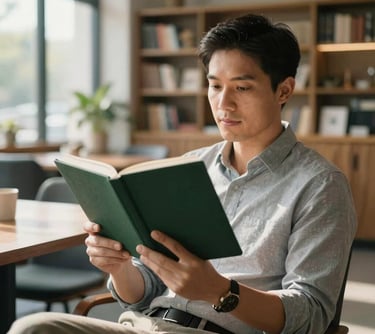 A strategy lead sitting in a sunlit modern office, holding a dark forest green notebook, with a blurred background of a cozy restaurant-style library.