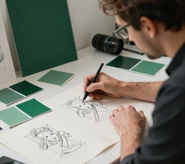 A creative director in a professional studio, surrounded by book cover sketches on crisp parchment paper and matte forest green color swatches.