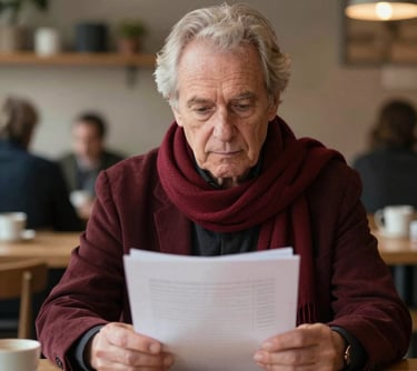 Portrait of a senior editor in a Scandinavian-style cafe, wearing a deep ripe crimson scarf, looking thoughtfully at a manuscript with soft, warm lighting.