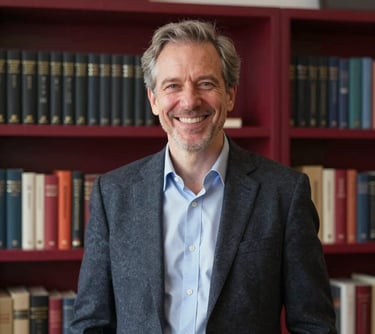 An author relations manager smiling warmly, standing in a bright office with deep ripe crimson accents and shelves of elegantly published books.