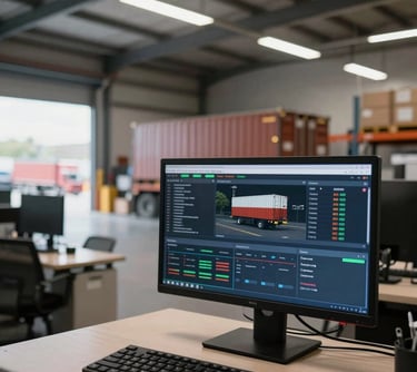 A modern warehouse office overlooking a busy loading dock in the US. A digital dashboard is visible on a monitor in the foreground, displaying shipping logistics data. Professional corporate photography.