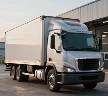 A refrigerated transport truck parked at a modern distribution center in North America. The truck is silver and gray, fitting the brand palette. Morning sunlight creates a sense of efficiency.