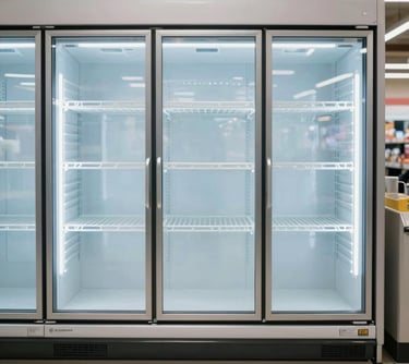 A professional interior shot of a modern, clean supermarket freezer section in the US. The glass doors are clear and frost-free, reflecting a soft blue light. Symmetrical composition.