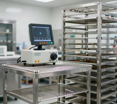 A sleek, industrial bakery environment in North America. Professional stainless steel cooling racks and high-tech monitoring equipment are visible. Bright, clean, professional lighting.